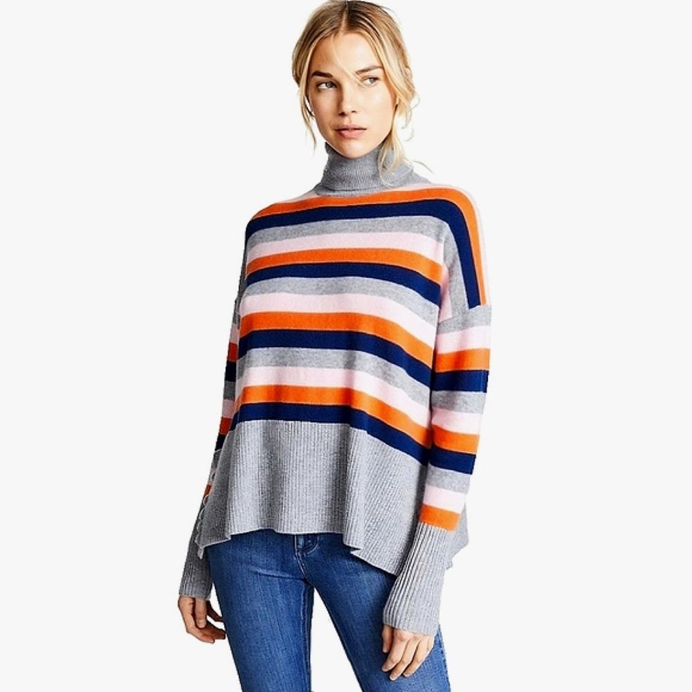 Cinq à Sept Layla Cashmere Sweater Striped Turtleneck Oversized Ruffled Hem